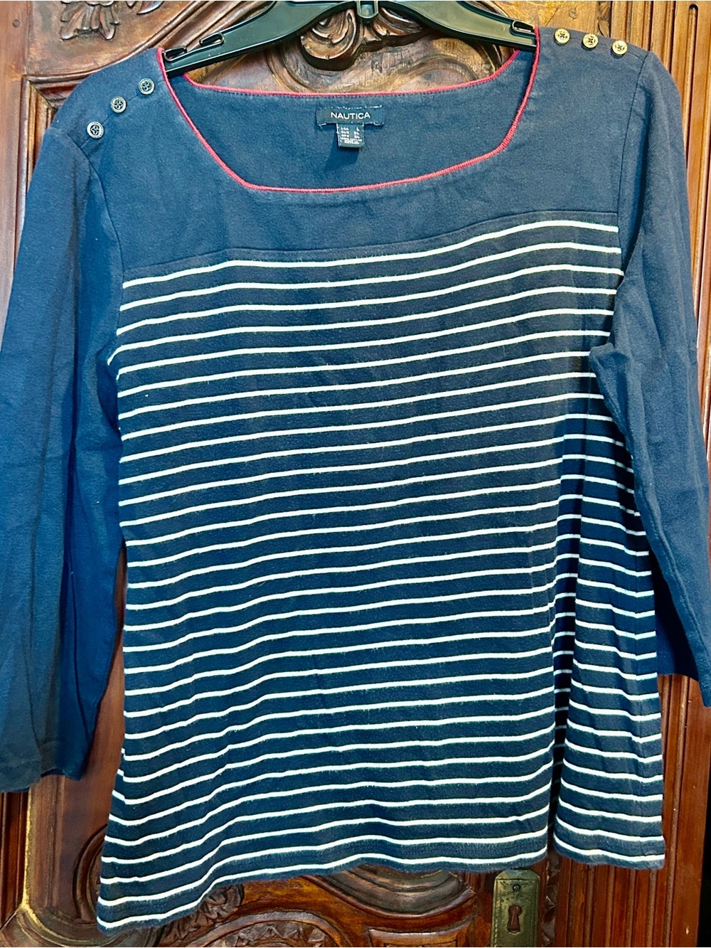 Nautica Navy & White Striped Boatneck Top with Shoulder Buttons